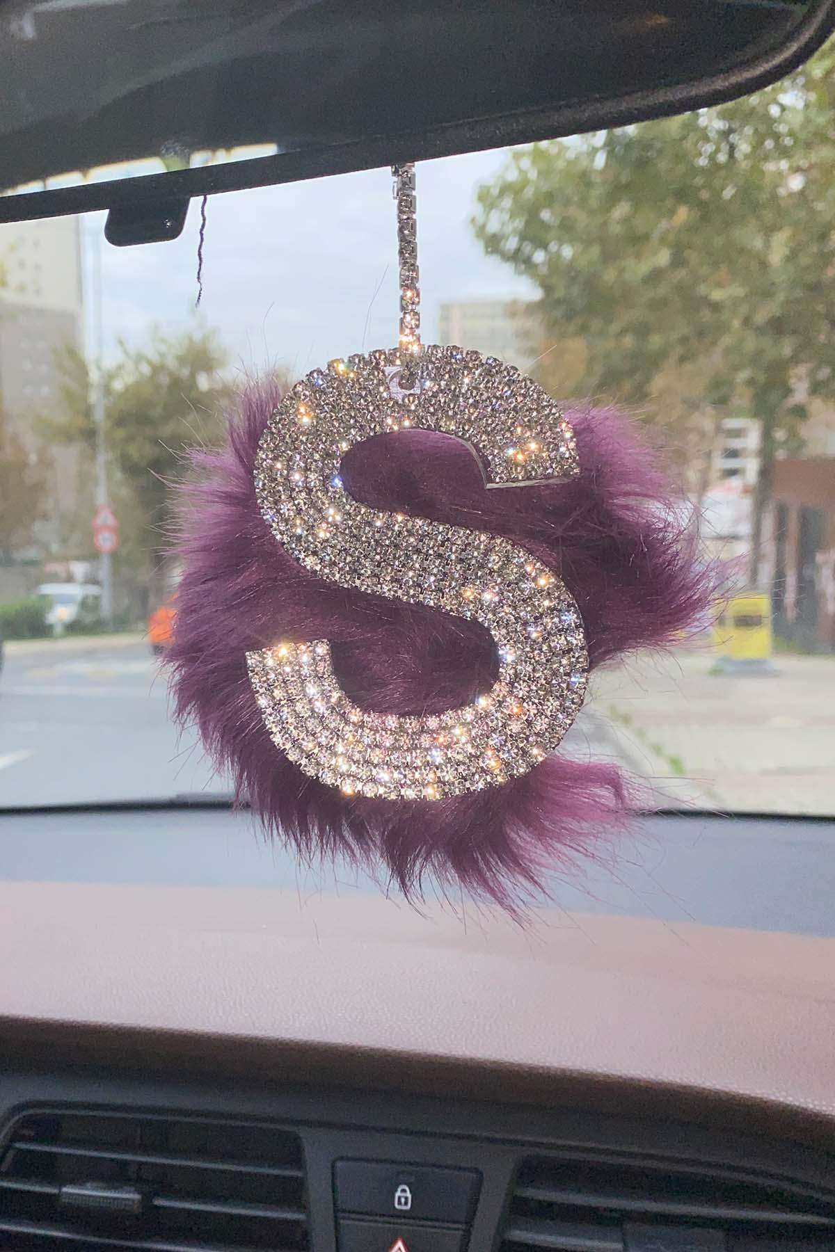 Swarovski Gümüş Taşlı Dikiz Ayna Kolye Süsü Mor Tüylü S Harfi