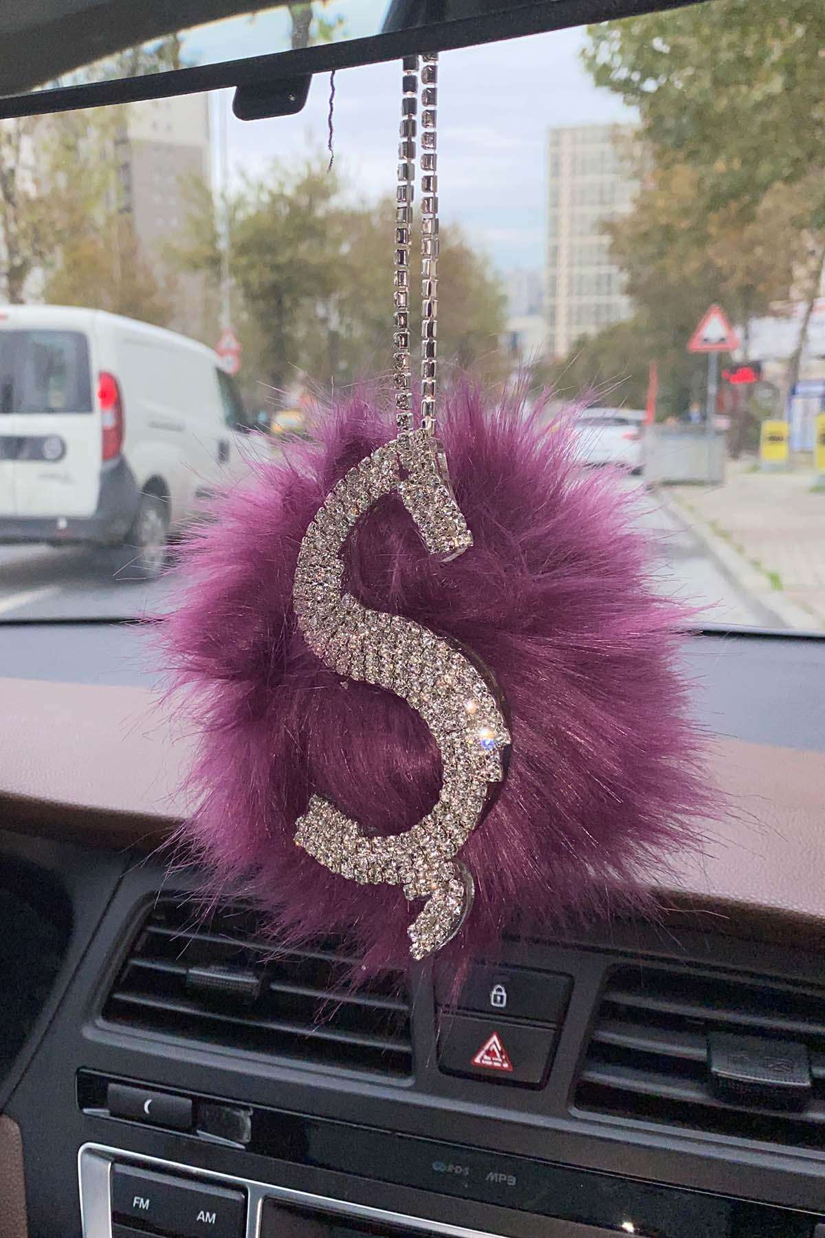 Swarovski Gümüş Taşlı Dikiz Ayna Kolye Süsü Mor Tüylü Ş Harfi
