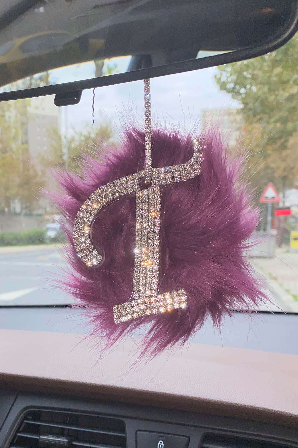 Swarovski Gümüş Taşlı Dikiz Ayna Kolye Süsü Mor Tüylü T Harfi