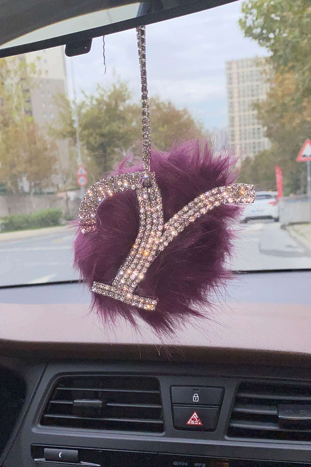 Swarovski Gümüş Taşlı Dikiz Ayna Kolye Süsü Mor Tüylü Y Harfi