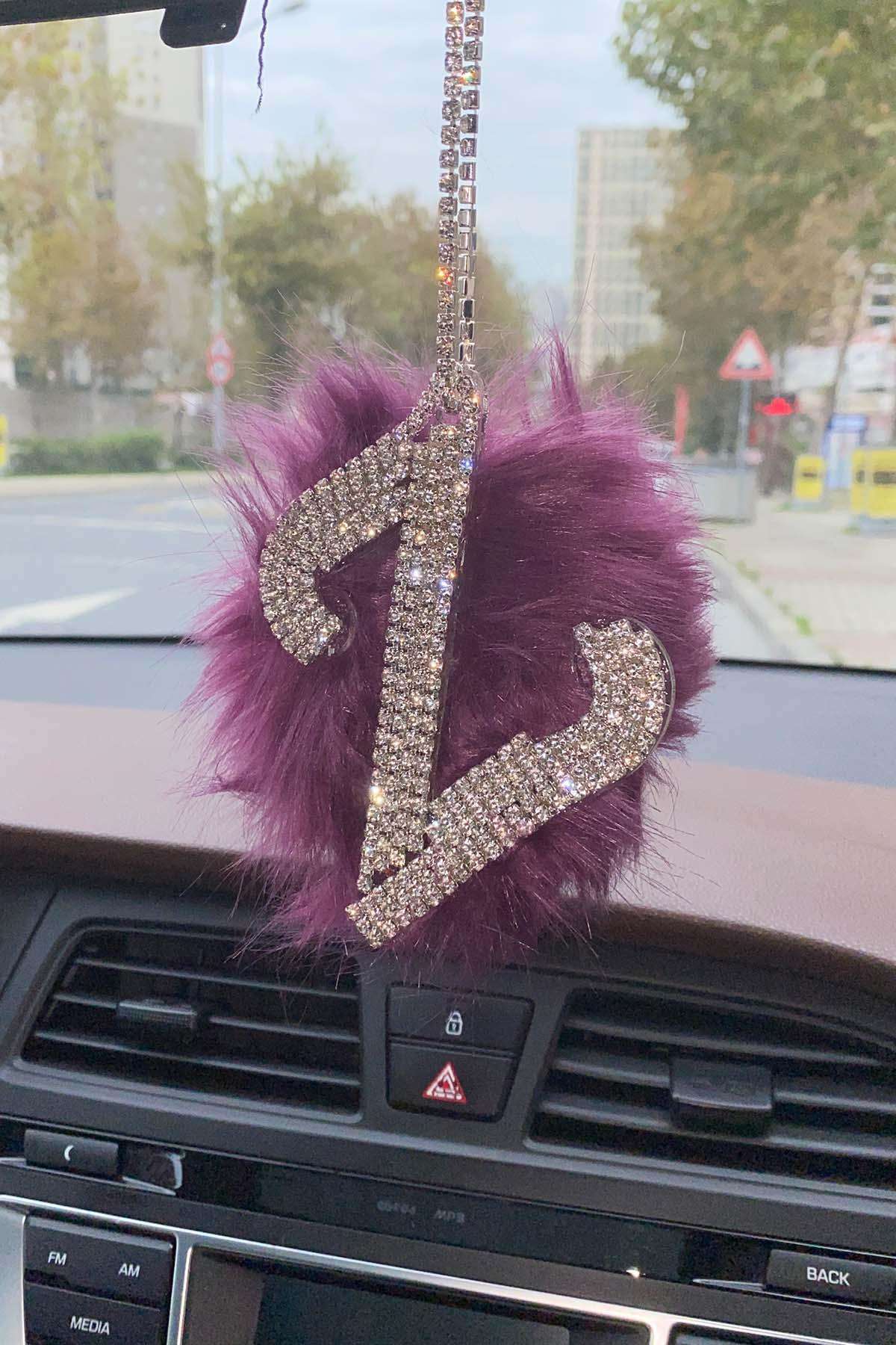 Swarovski Gümüş Taşlı Dikiz Ayna Kolye Süsü Mor Tüylü Z Harfi
