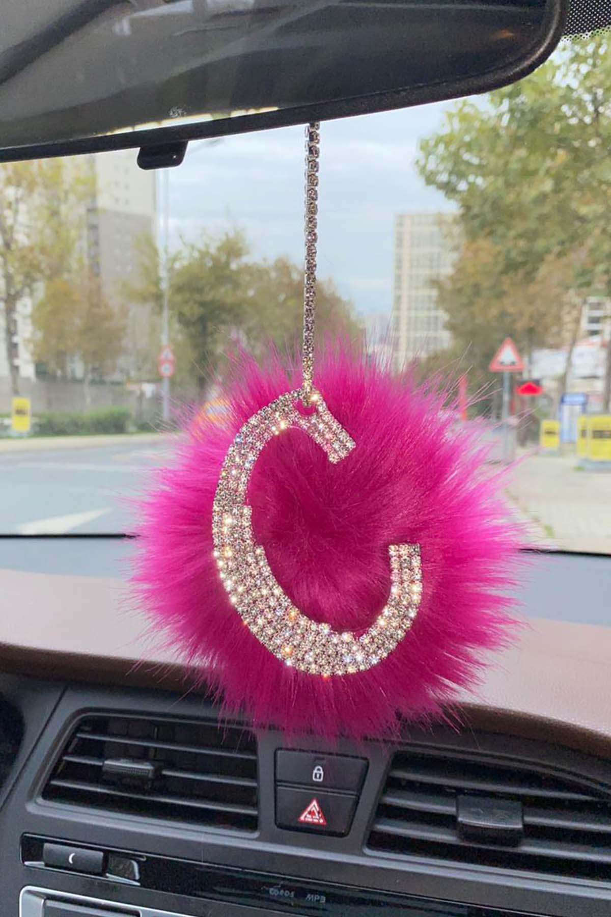 Swarovski Gümüş Taşlı Dikiz Ayna Kolye Süsü Pembe Tüylü C Harfi