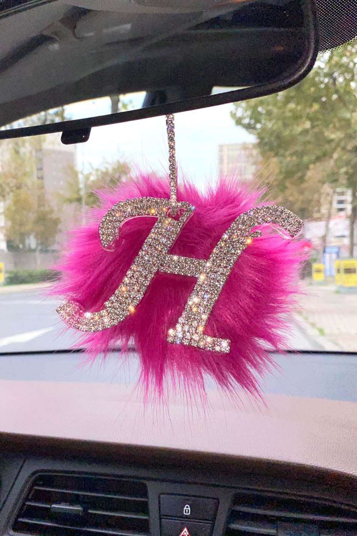 Swarovski Gümüş Taşlı Dikiz Ayna Kolye Süsü Pembe Tüylü H Harfi