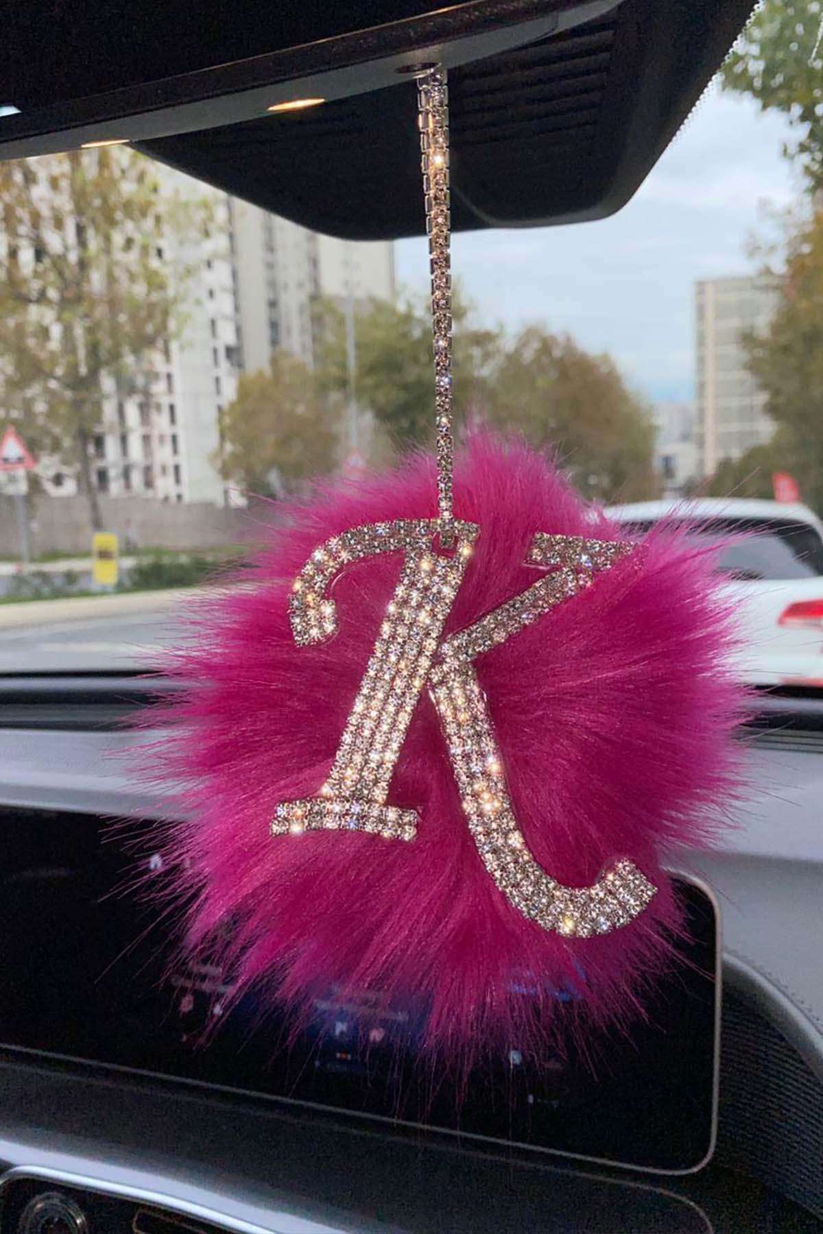 Swarovski Gümüş Taşlı Dikiz Ayna Kolye Süsü Pembe Tüylü K Harfi