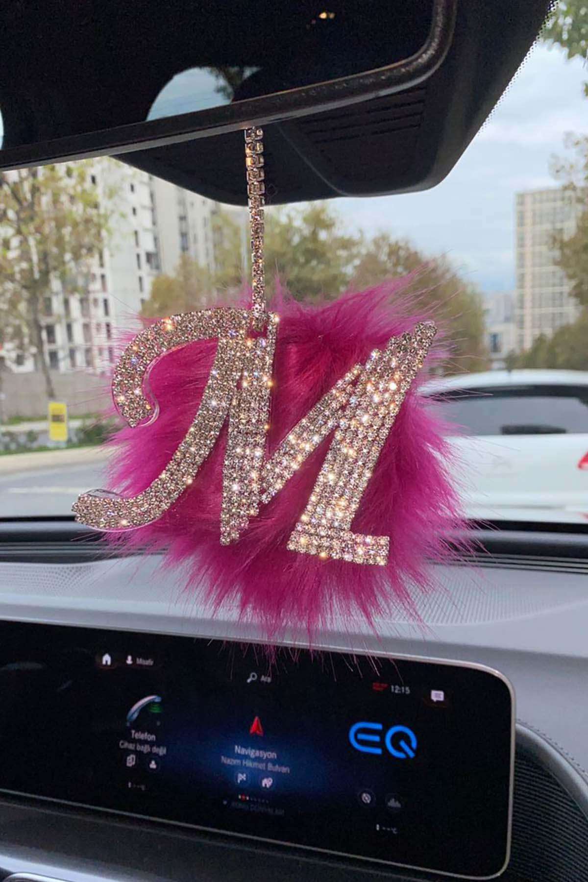 Swarovski Gümüş Taşlı Dikiz Ayna Kolye Süsü Pembe Tüylü M Harfi