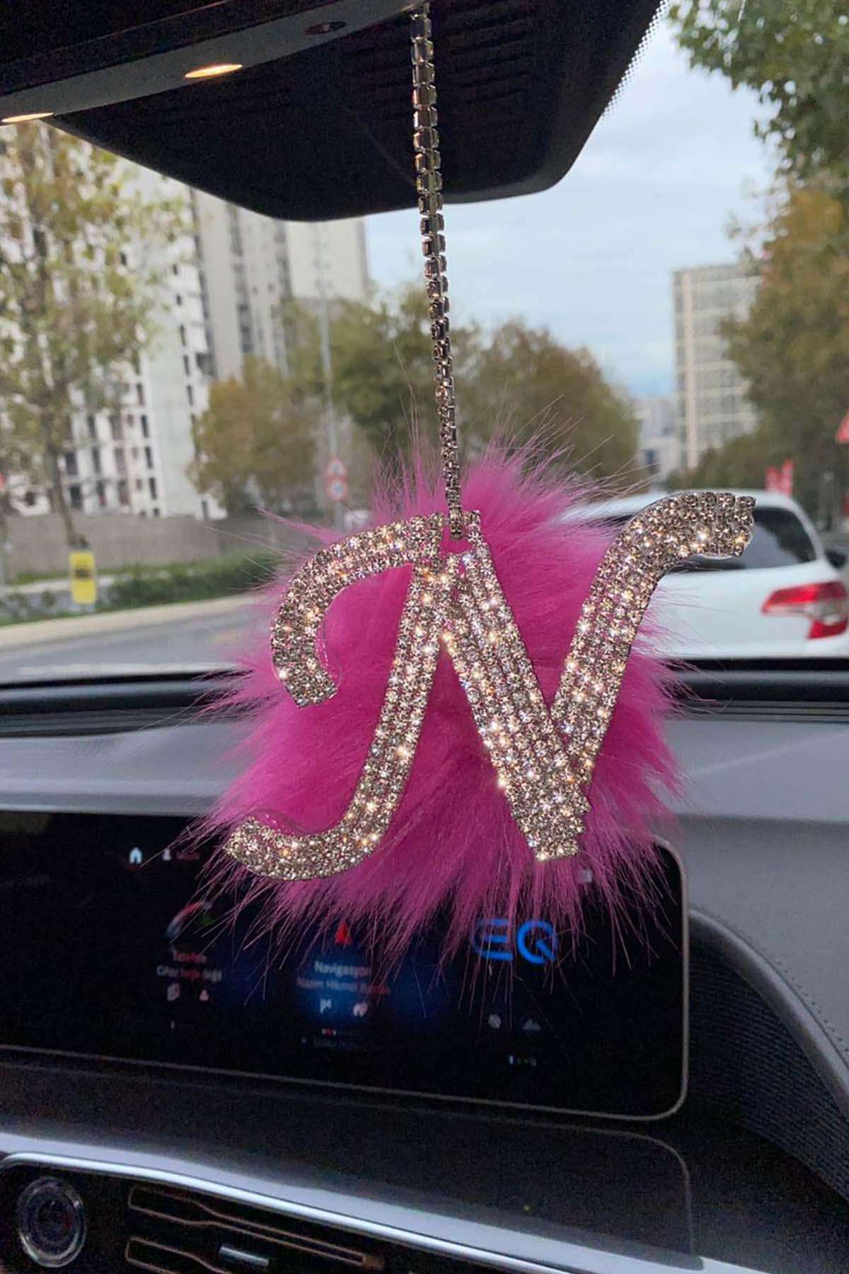 Swarovski Gümüş Taşlı Dikiz Ayna Kolye Süsü Pembe Tüylü N Harfi