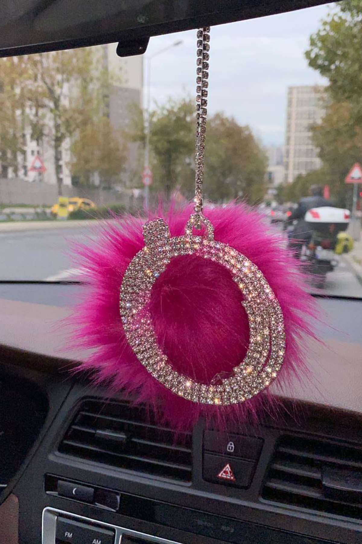 Swarovski Gümüş Taşlı Dikiz Ayna Kolye Süsü Pembe Tüylü Ö Harfi