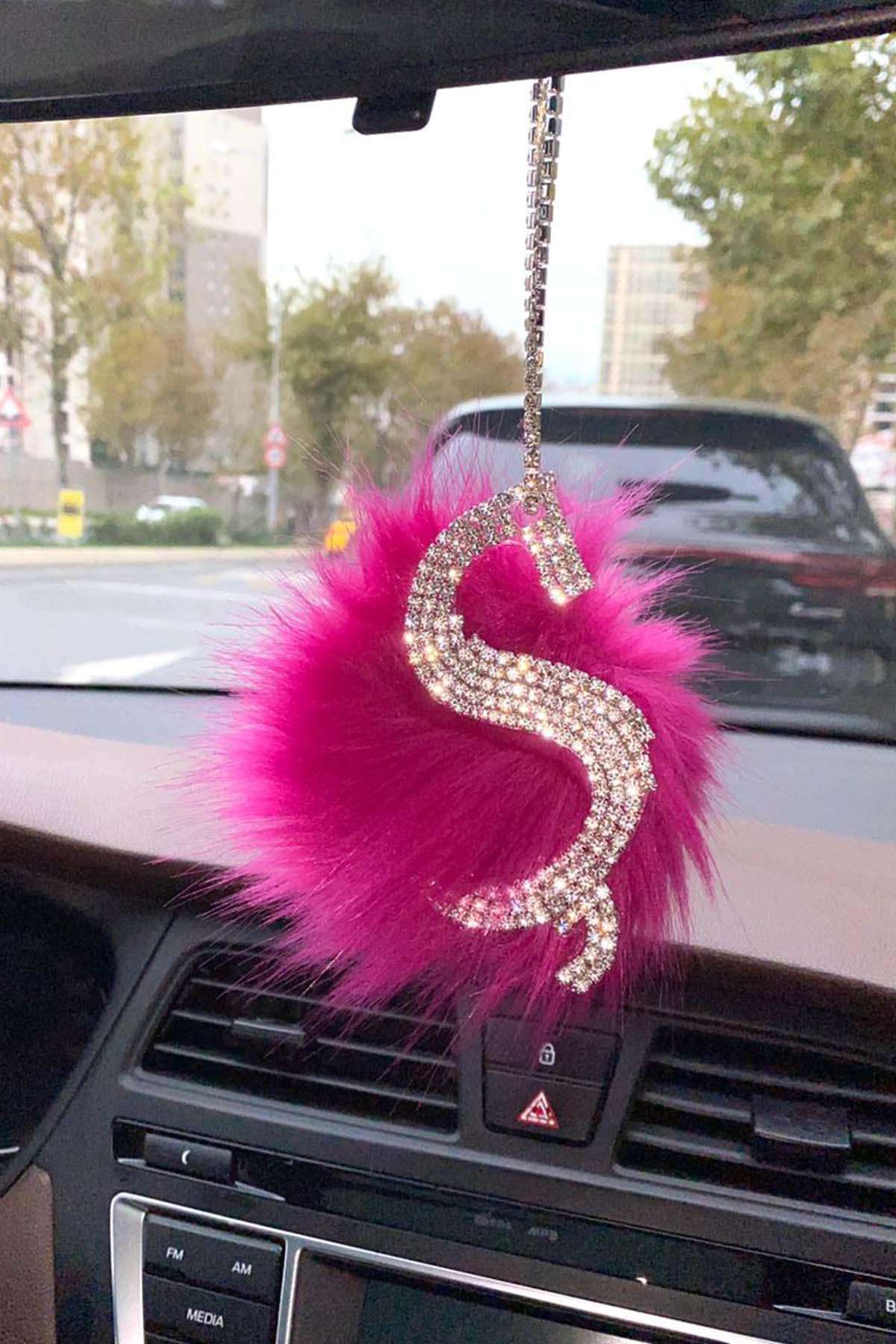 Swarovski Gümüş Taşlı Dikiz Ayna Kolye Süsü Pembe Tüylü Ş Harfi