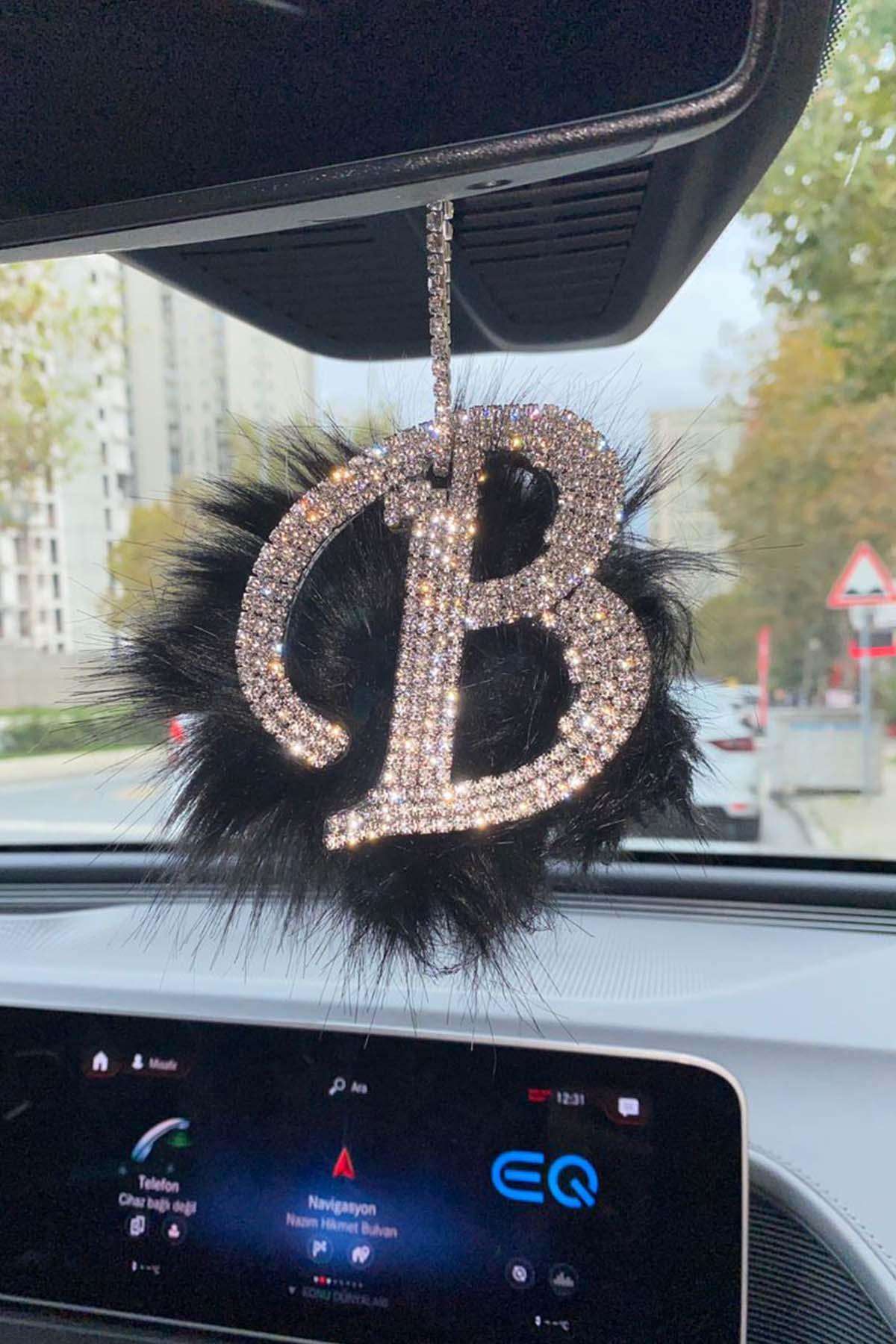 Swarovski Gümüş Taşlı Dikiz Ayna Kolye Süsü Siyah Tüylü B Harfi
