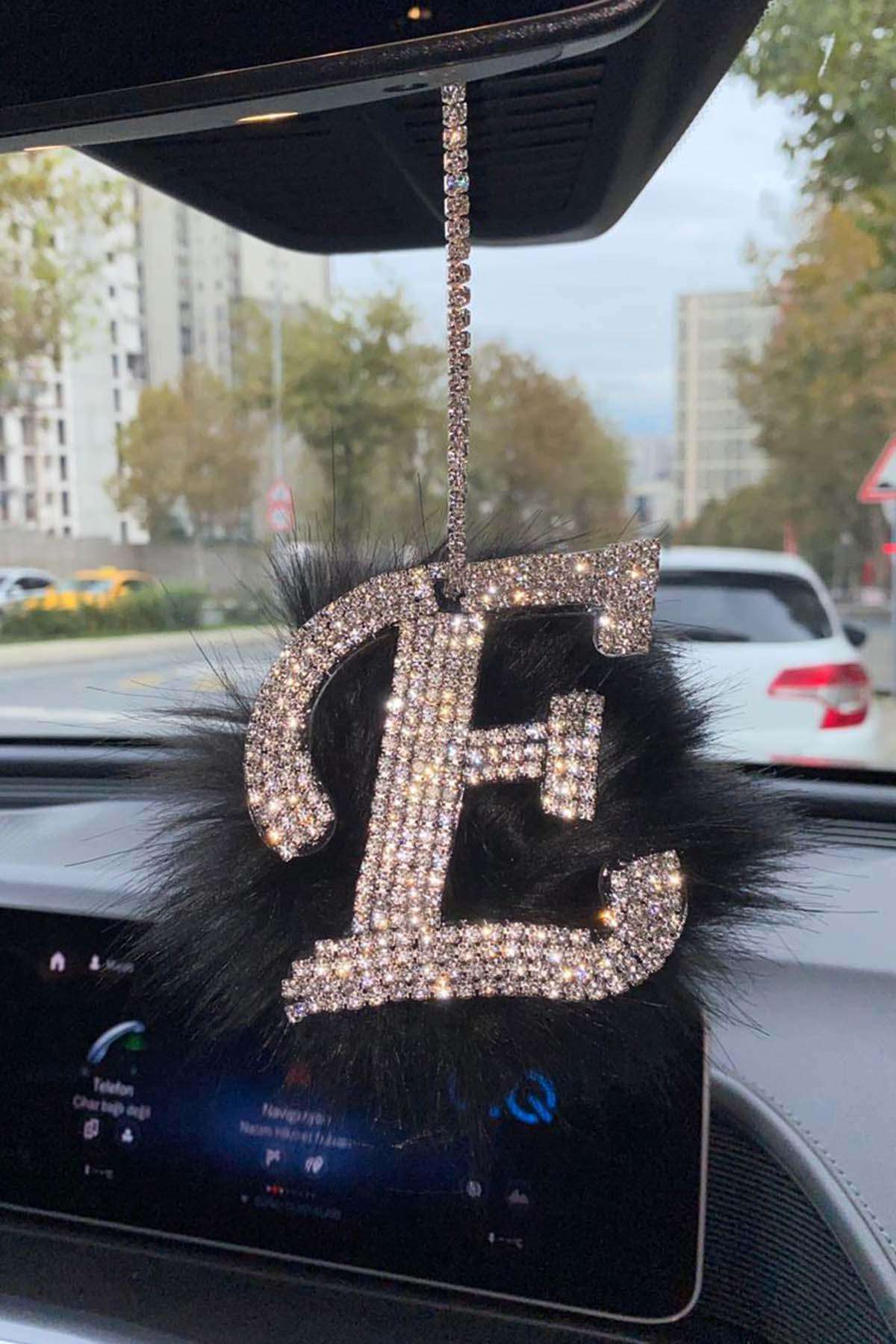 Swarovski Gümüş Taşlı Dikiz Ayna Kolye Süsü Siyah Tüylü E Harfi