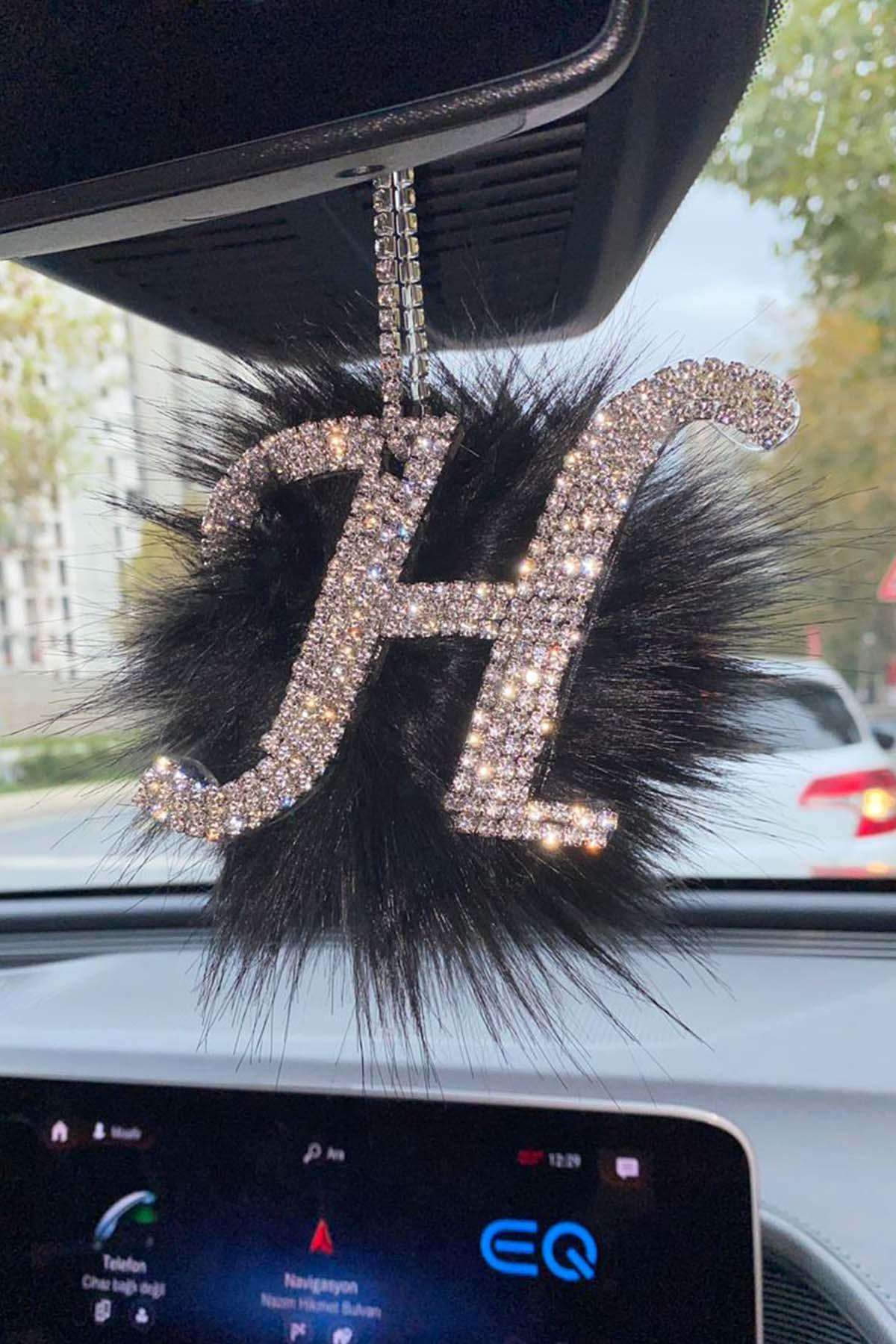 Swarovski Gümüş Taşlı Dikiz Ayna Kolye Süsü Siyah Tüylü H Harfi