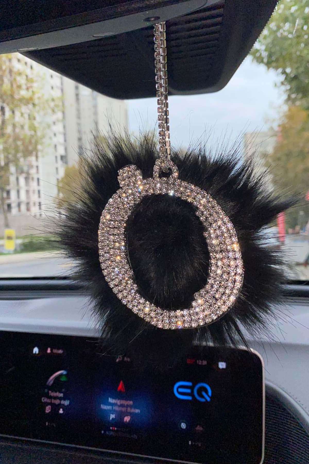 Swarovski Gümüş Taşlı Dikiz Ayna Kolye Süsü Siyah Tüylü Ö Harfi