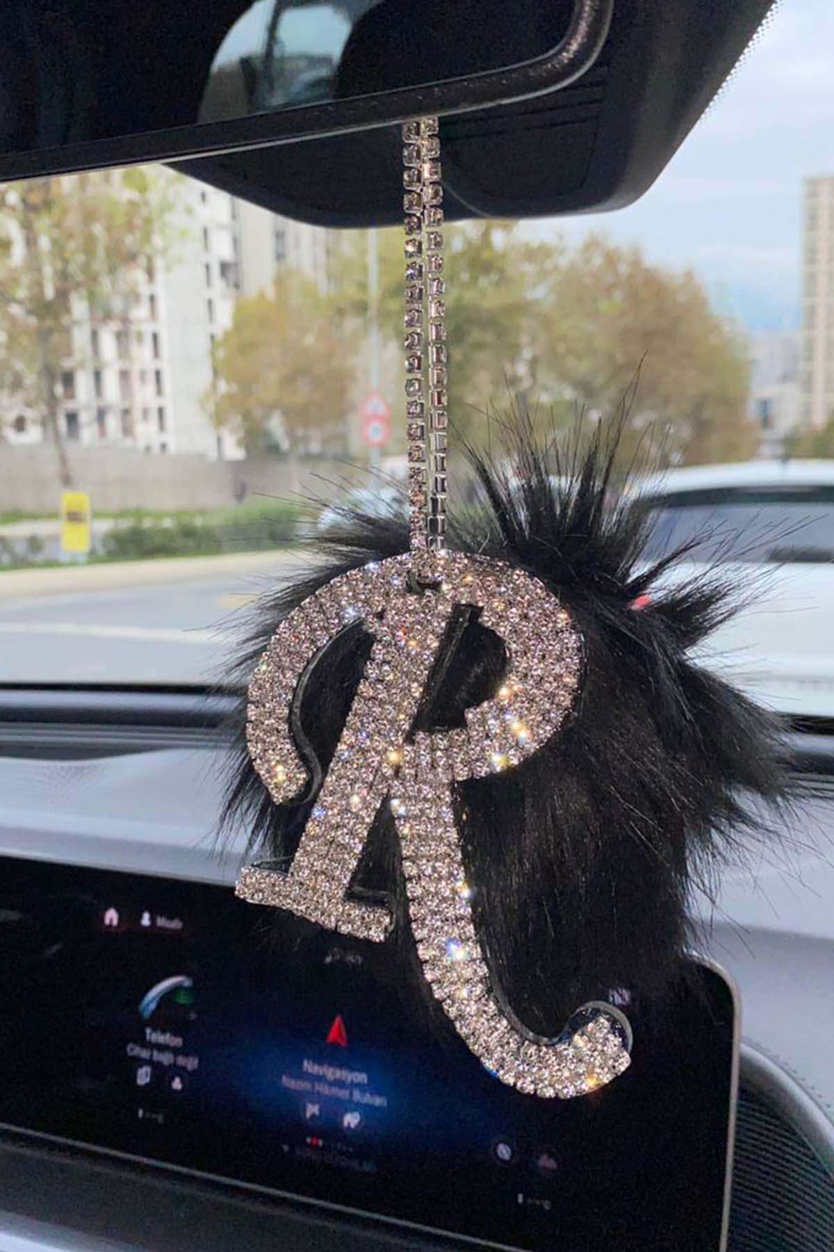 Swarovski Gümüş Taşlı Dikiz Ayna Kolye Süsü Siyah Tüylü R Harfi