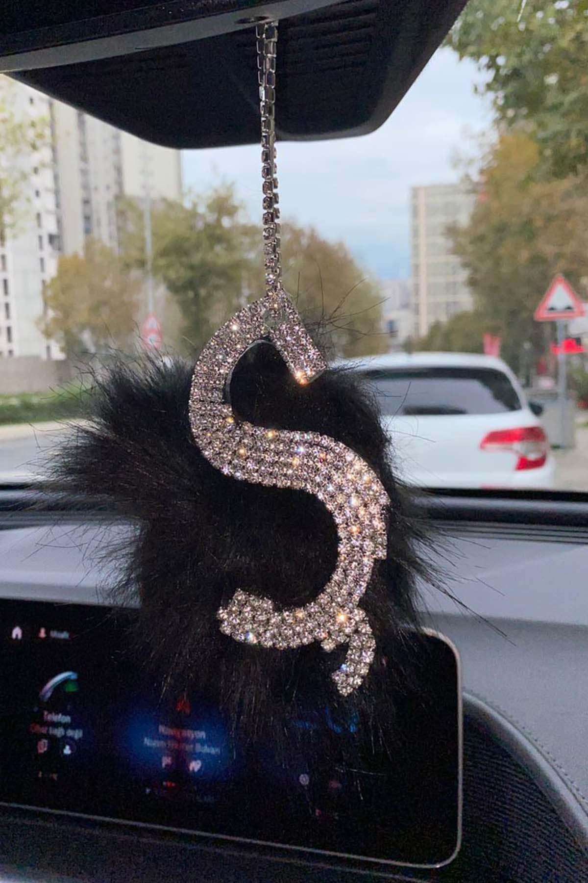 Swarovski Gümüş Taşlı Dikiz Ayna Kolye Süsü Siyah Tüylü Ş Harfi