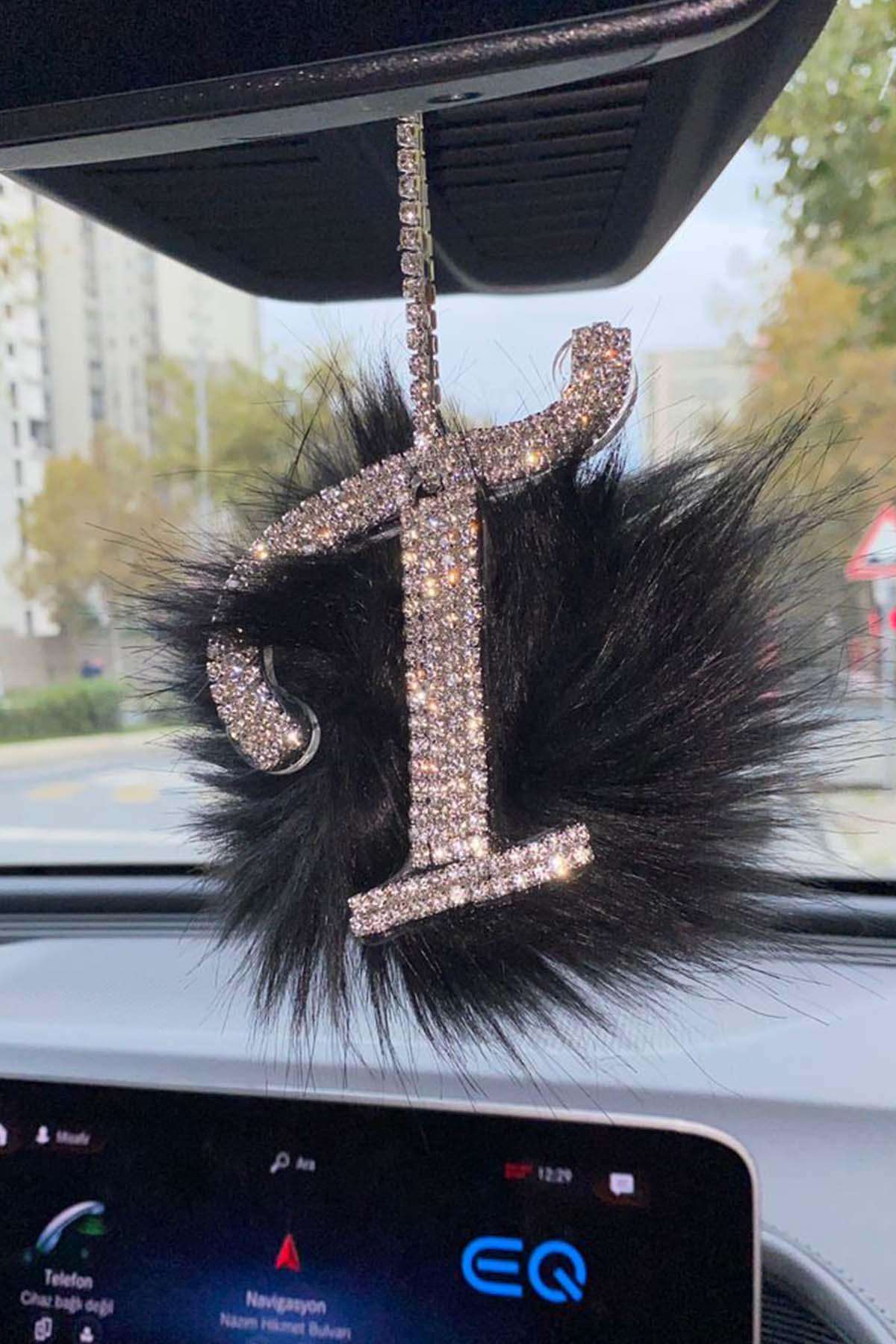 Swarovski Gümüş Taşlı Dikiz Ayna Kolye Süsü Siyah Tüylü T Harfi