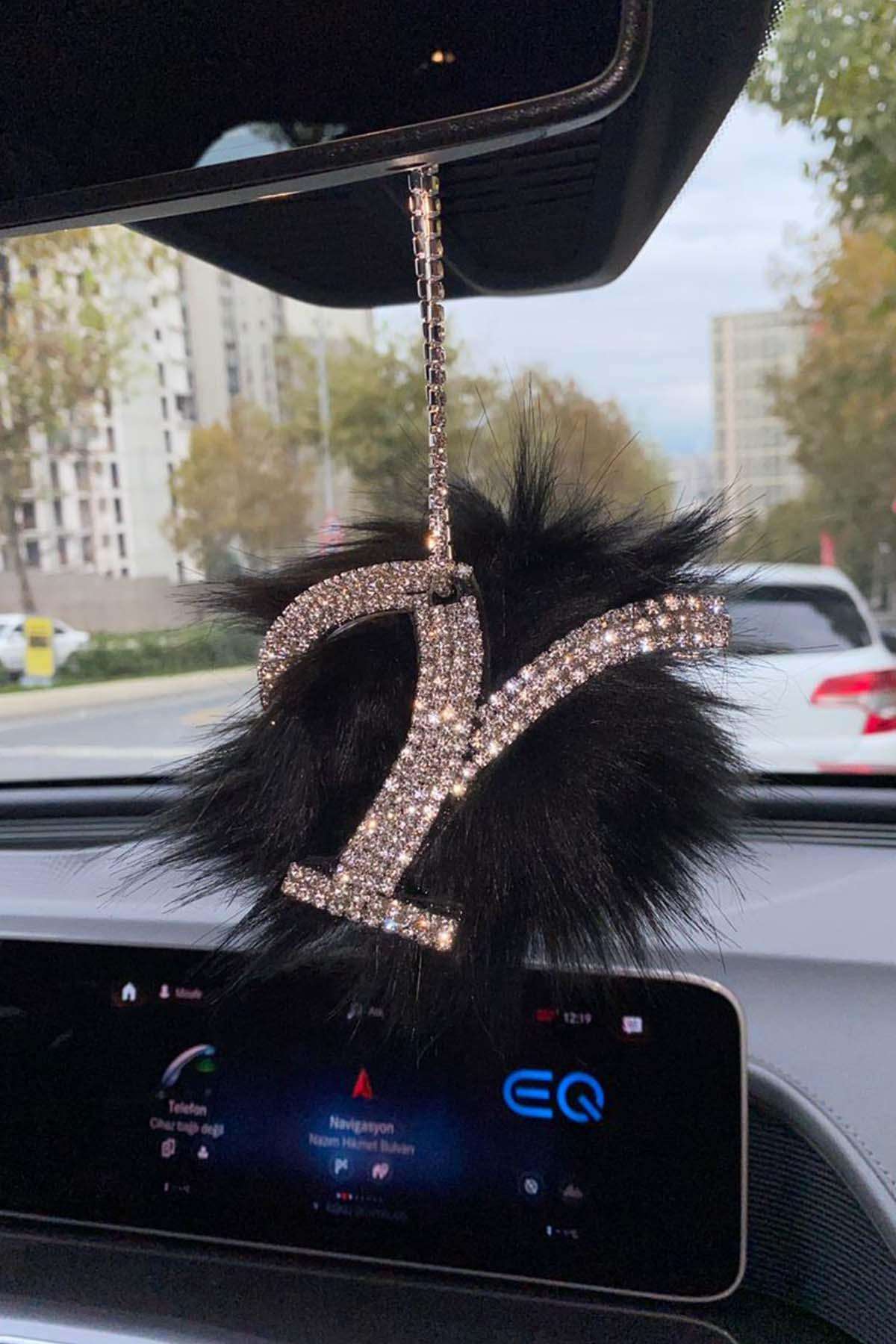 Swarovski Gümüş Taşlı Dikiz Ayna Kolye Süsü Siyah Tüylü Y Harfi