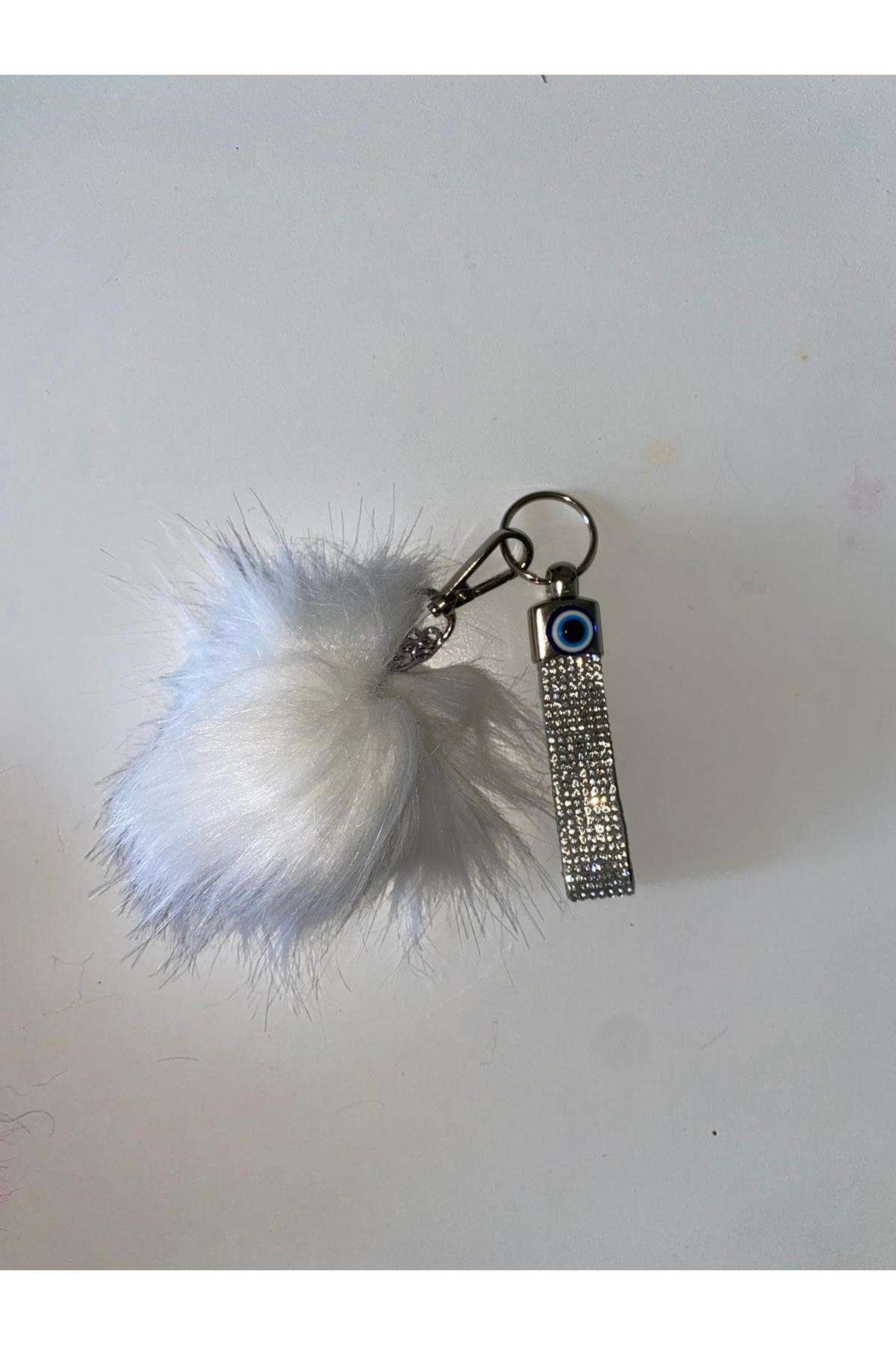 Swarovski taşlı nazarlıklı beyaz tüylü anahtarlık