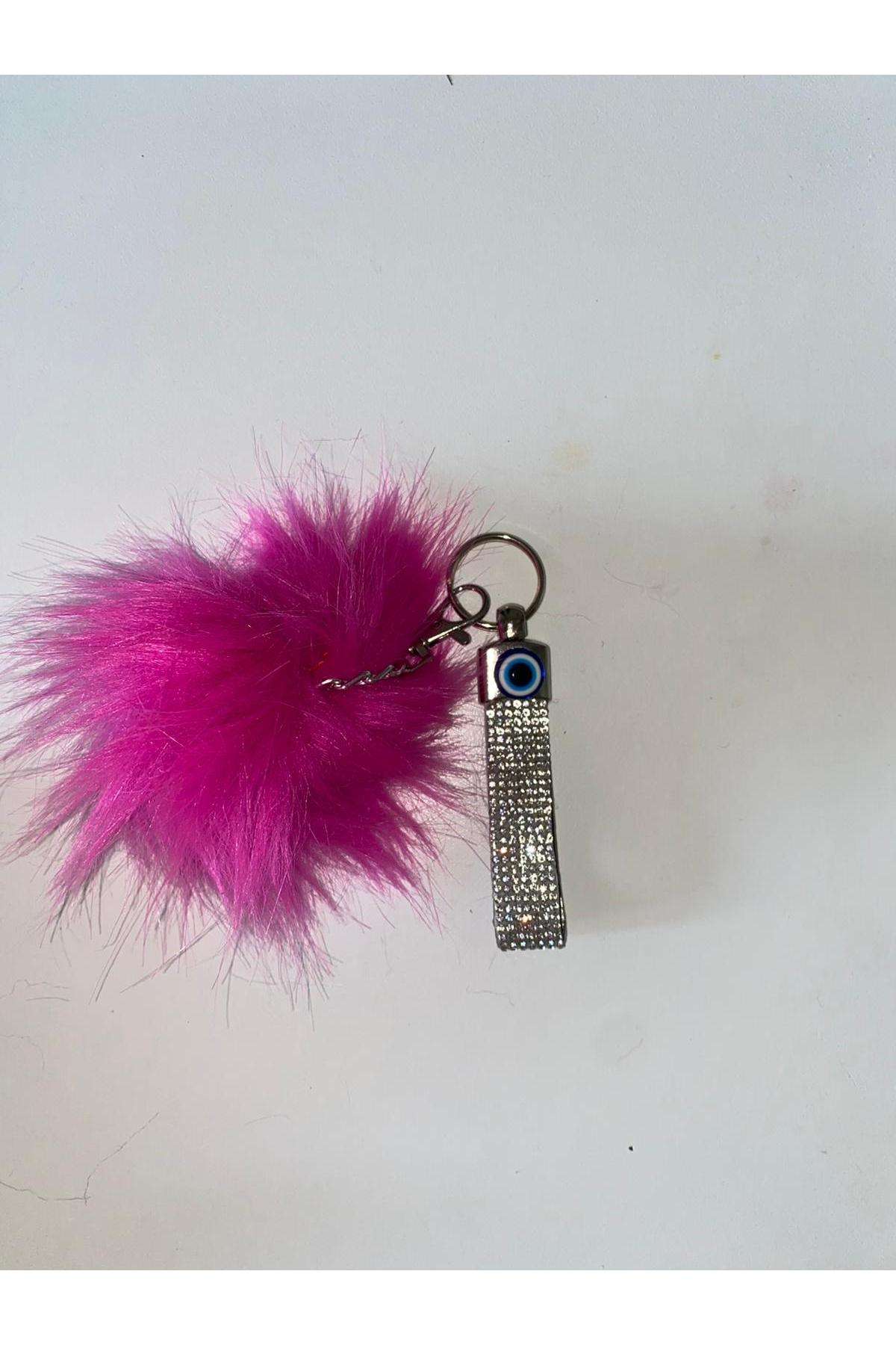 Swarovski taşlı nazarlıklı pembe tüylü anahtarlık