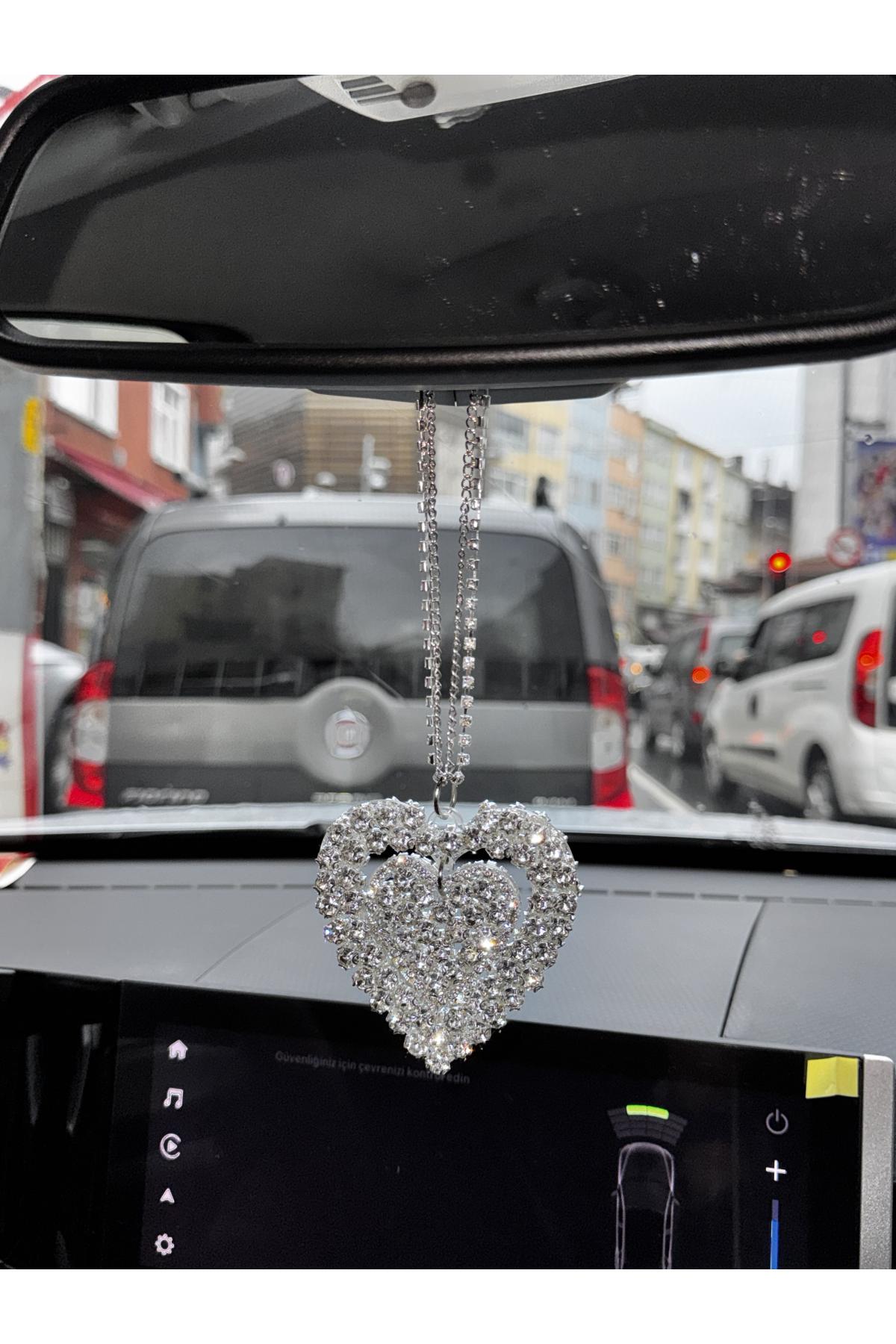 Taşlı çift Kalp dikiz ayna süsü kolye aksesuarı