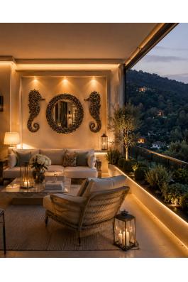 Balkon ve bahçe tasarım 2 deniz atı ve orta yuvarlak ayna