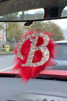 Swarovski Gümüş Taşlı Dikiz Ayna Kolye Süsü Kırmızı Tüylü B Harfi