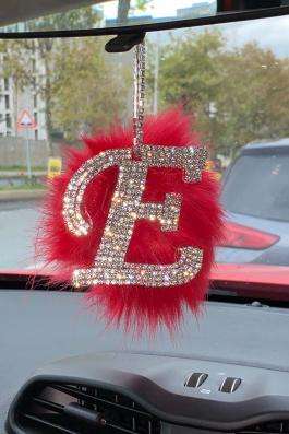 Swarovski Gümüş Taşlı Dikiz Ayna Kolye Süsü Kırmızı Tüylü E Harfi