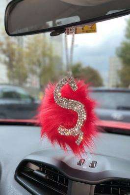 Swarovski Gümüş Taşlı Dikiz Ayna Kolye Süsü Kırmızı Tüylü Ş Harfi
