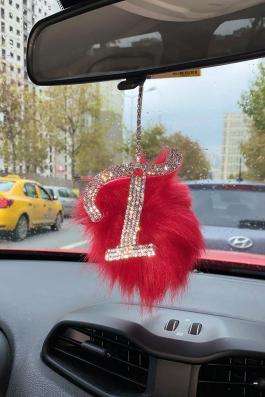 Swarovski Gümüş Taşlı Dikiz Ayna Kolye Süsü Kırmızı Tüylü T Harfi