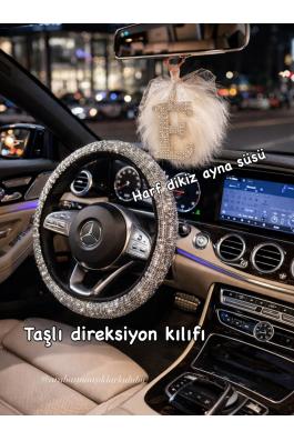 Gümüş taşlı Direksiyon kılıfı ve Dikiz ayna süsü (istediğiniz harfi mesaj atın)