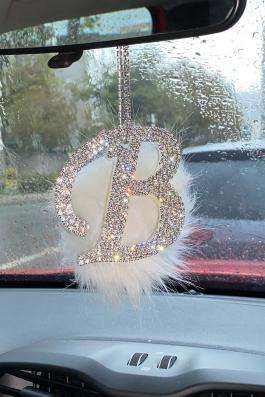 Swarovski Gümüş Taşlı Dikiz Ayna Kolye Süsü Beyaz Tüylü B Harfi