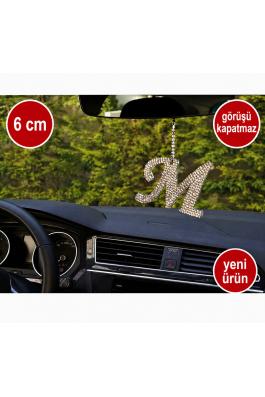 Görüş engellemeyen 6 cm Gümüş Taşlı Dikiz Ayna Kolye Süsü M Harfi