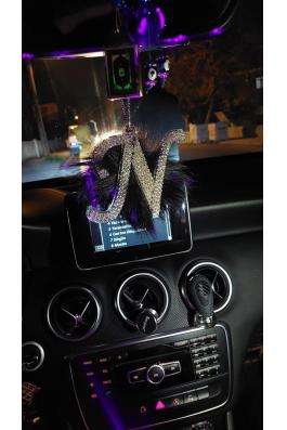 Swarovski Gümüş Taşlı Dikiz Ayna Kolye Süsü Siyah Tüylü N Harfi