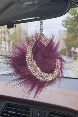 Swarovski Gümüş Taşlı Dikiz Ayna Kolye Süsü Mor Tüylü C Harfi