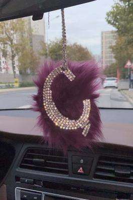 Swarovski Gümüş Taşlı Dikiz Ayna Kolye Süsü Mor Tüylü Ç Harfi