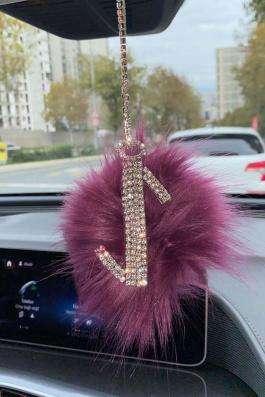 Swarovski Gümüş Taşlı Dikiz Ayna Kolye Süsü Pembe Tüylü I Harfi