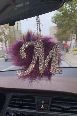 Swarovski Gümüş Taşlı Dikiz Ayna Kolye Süsü Mor Tüylü M Harfi