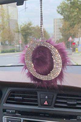 Swarovski Gümüş Taşlı Dikiz Ayna Kolye Süsü Mor Tüylü Ö Harfi