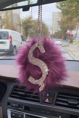 Swarovski Gümüş Taşlı Dikiz Ayna Kolye Süsü Mor Tüylü Ş Harfi
