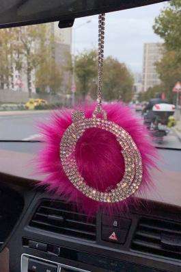Swarovski Gümüş Taşlı Dikiz Ayna Kolye Süsü Pembe Tüylü Ö Harfi