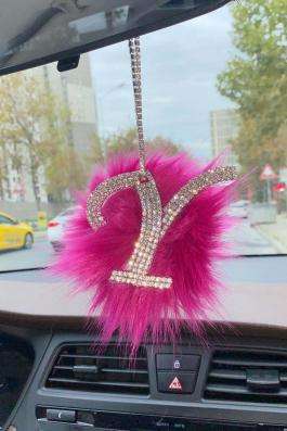 Swarovski Gümüş Taşlı Dikiz Ayna Kolye Süsü Pembe Tüylü Y Harfi