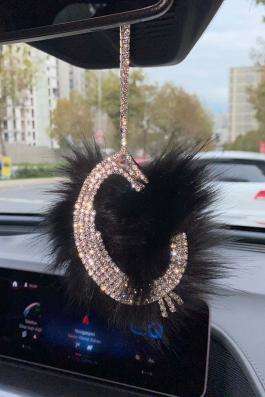 Swarovski Gümüş Taşlı Dikiz Ayna Kolye Süsü Siyah Tüylü Ç Harfi