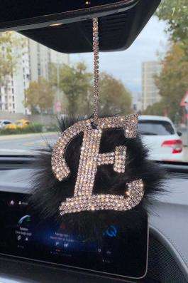 Swarovski Gümüş Taşlı Dikiz Ayna Kolye Süsü Siyah Tüylü E Harfi