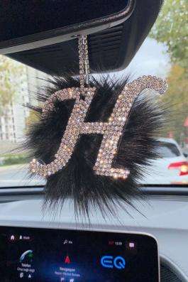 Swarovski Gümüş Taşlı Dikiz Ayna Kolye Süsü Siyah Tüylü H Harfi