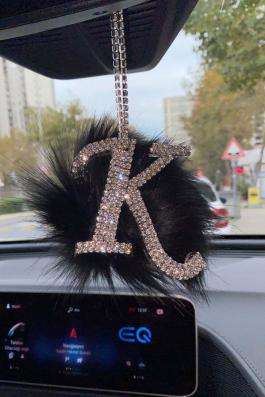 Swarovski Gümüş Taşlı Dikiz Ayna Kolye Süsü Siyah Tüylü K Harfi