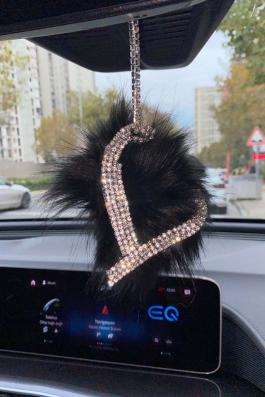 Swarovski Gümüş Taşlı Dikiz Ayna Kolye Süsü Siyah Tüylü L Harfi