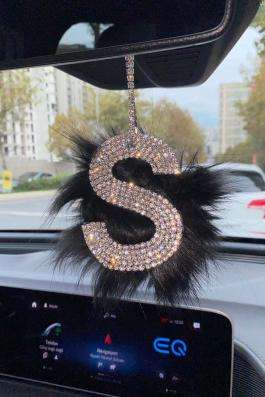 Swarovski Gümüş Taşlı Dikiz Ayna Kolye Süsü Siyah Tüylü S Harfi