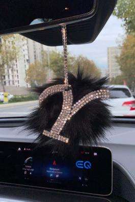 Swarovski Gümüş Taşlı Dikiz Ayna Kolye Süsü Siyah Tüylü Y Harfi